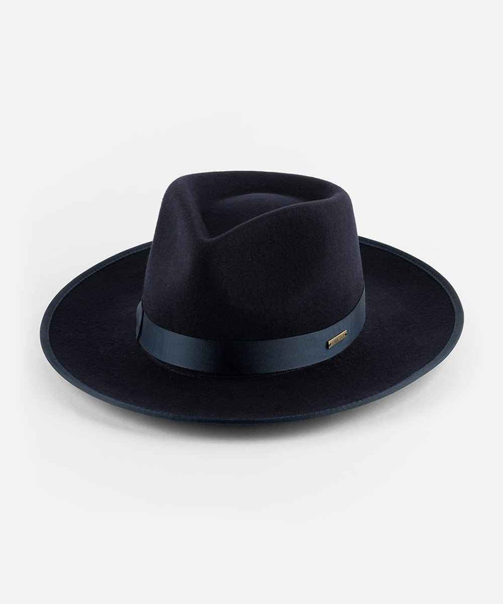Navy fedora hat with a band on a white background #color_navy