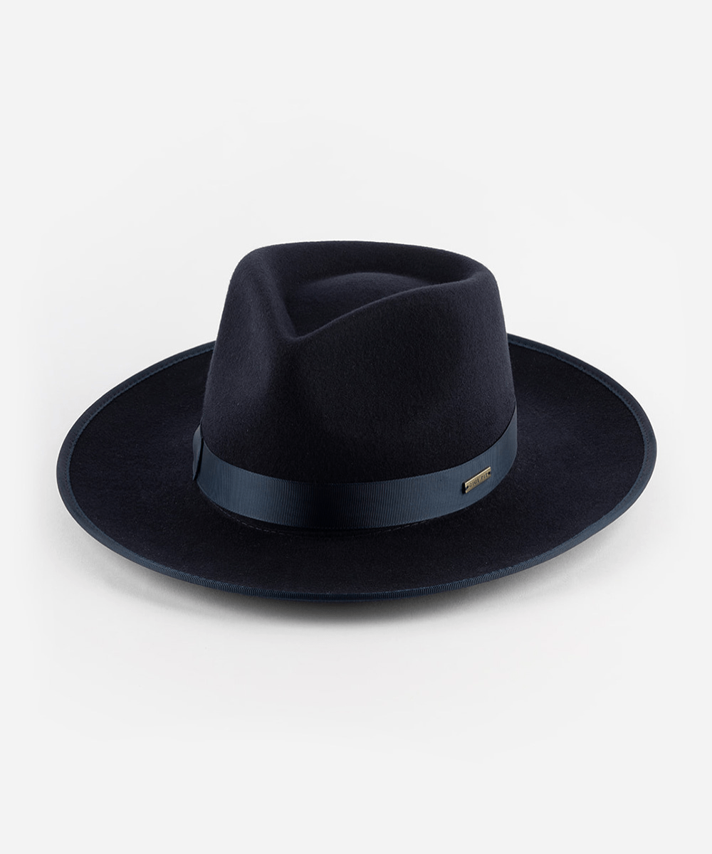 A navy fedora hat with a band on a white background #color_navy