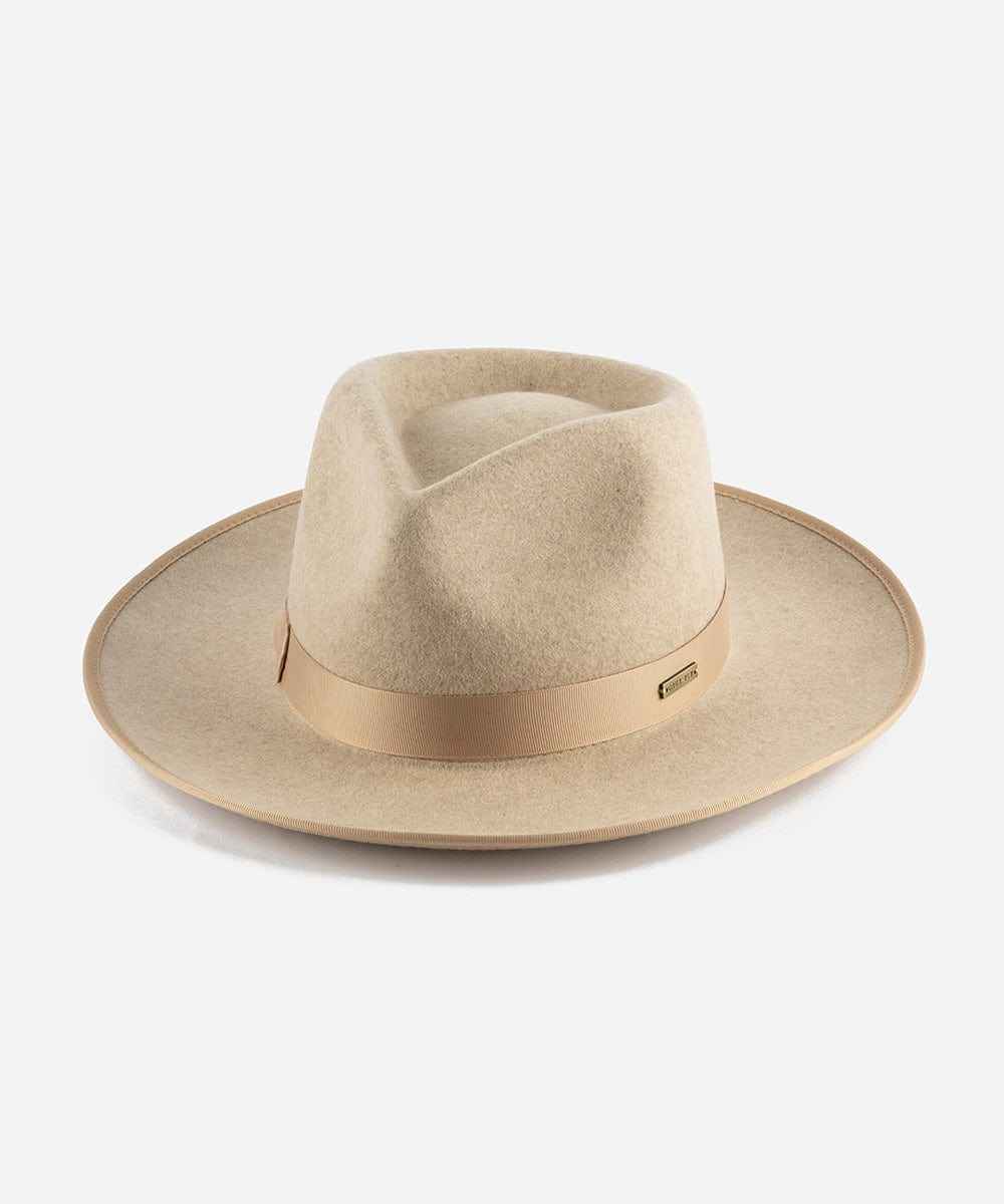 Oatmeal colored fedora hat with a band on a white background #color_oatmeal