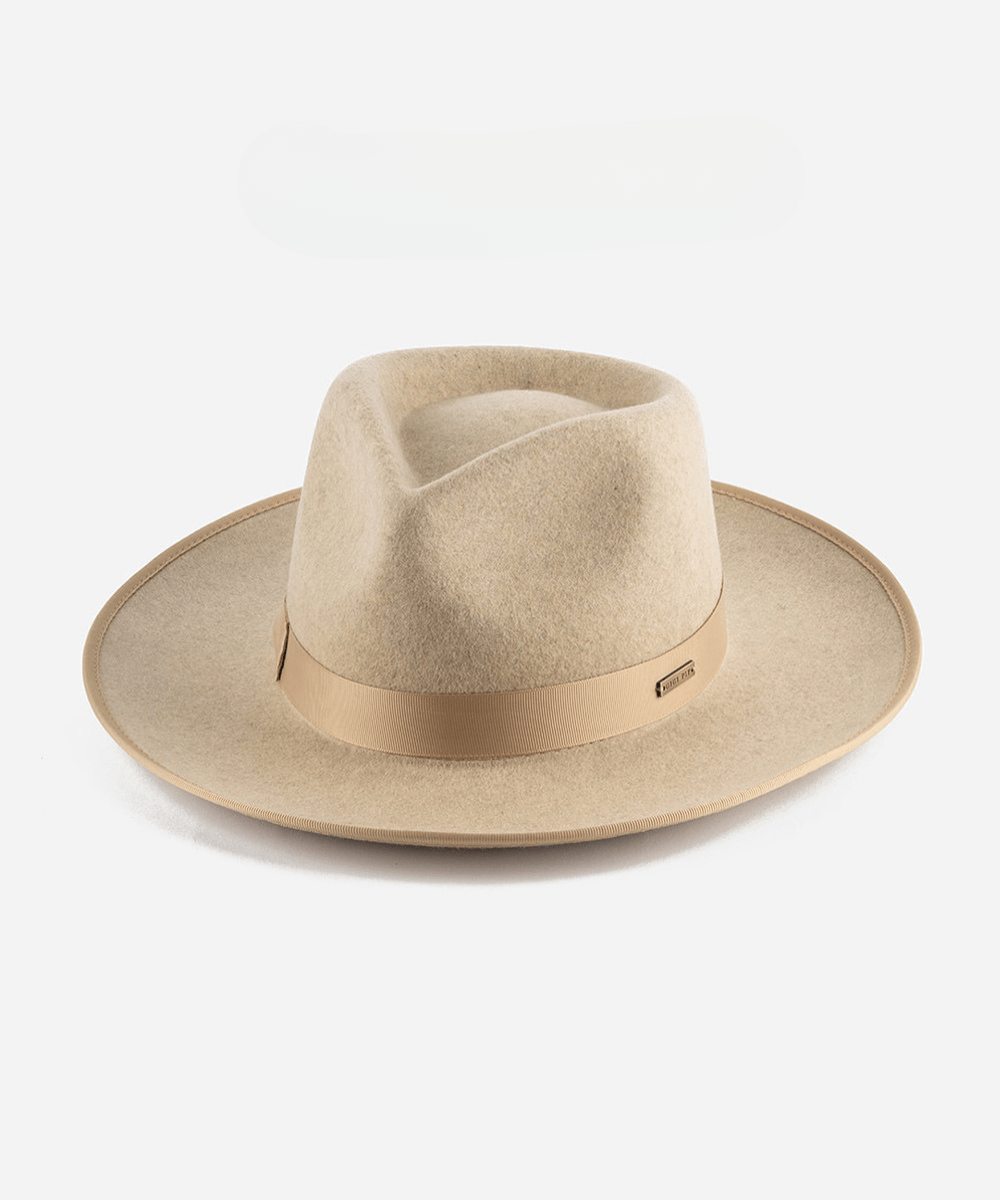An oatmeal colored fedora hat with a band on a plain background #color_oatmeal
