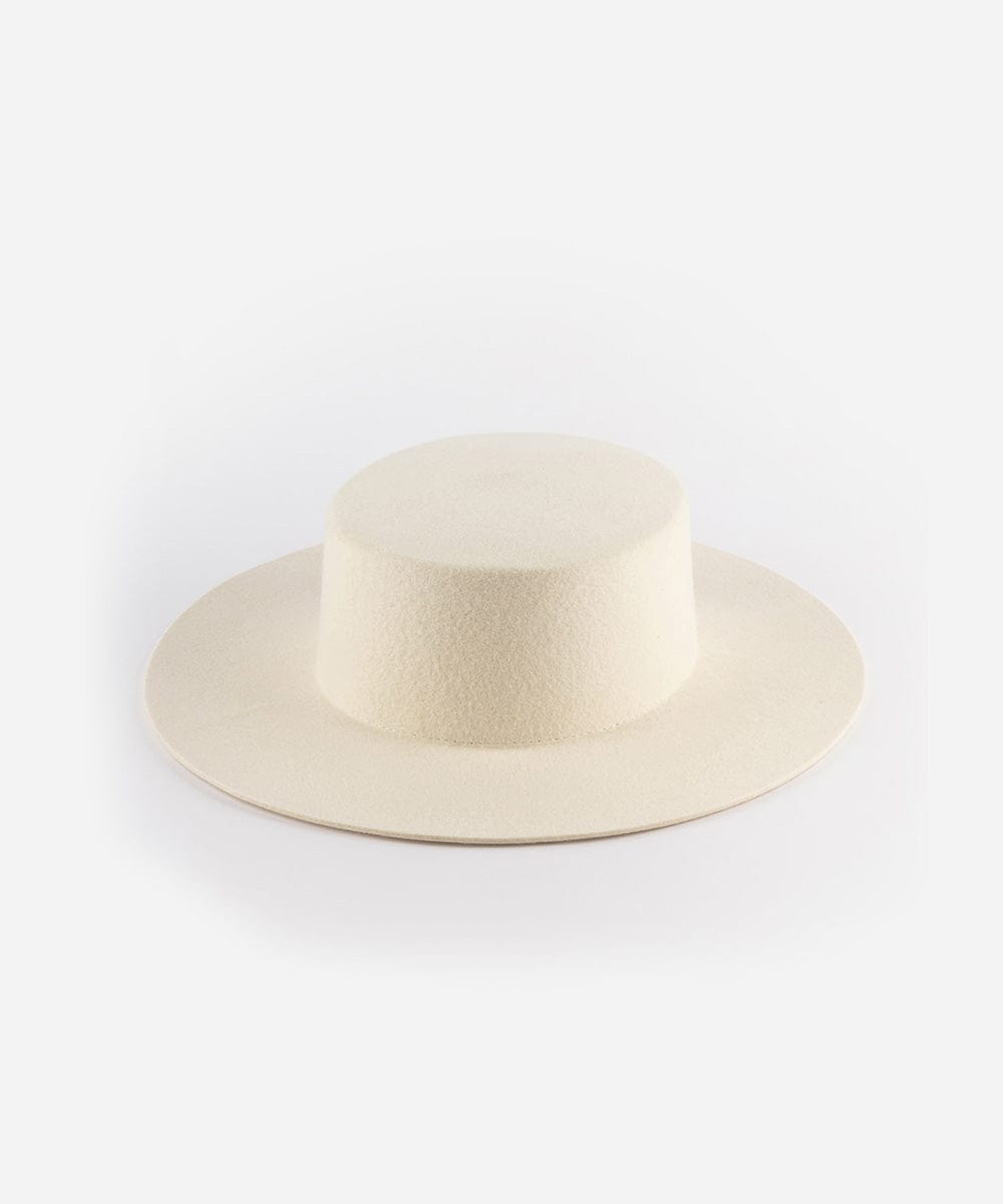 An off white boater-style hat with a stiff flat brim and a round crown. #color_off white