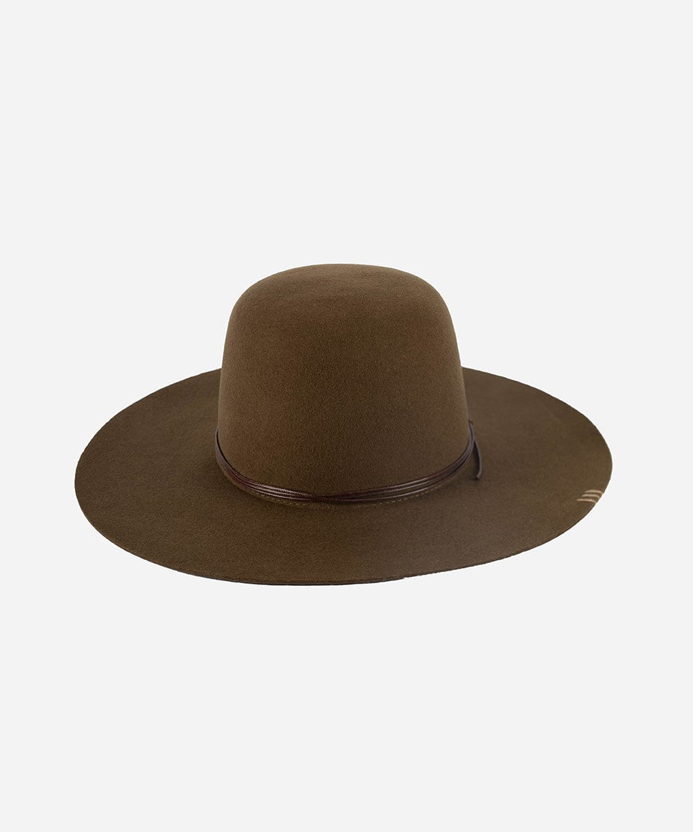 An olive colored open crown hat with a structured semi-wide brim and a tonal triple-strand waxed leather band against a plain background #color_olive