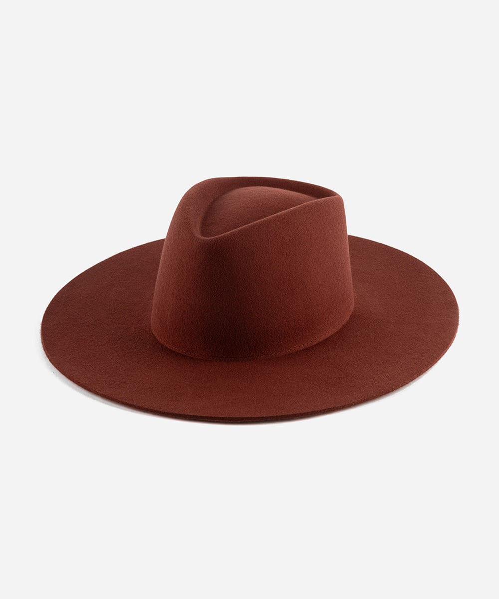 A rusty red wide brim felt hat with a triangle crown, flat brim, and no visible embellishments. #color_rusty red