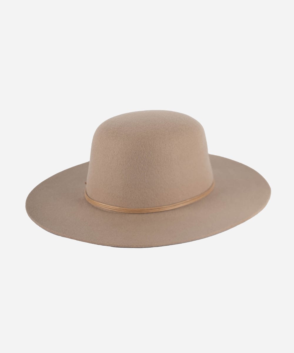 A sand colored open crown hat with a structured semi-wide brim and a tonal triple-strand waxed leather band. #color_sand