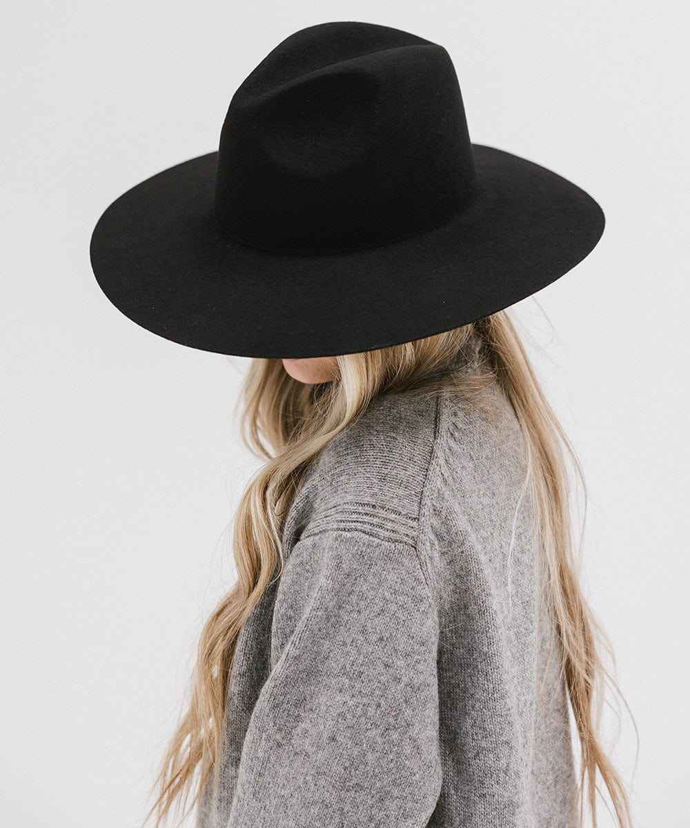Person wearing a black wide brim fedora hat and a grey sweater against a plain background #color_black
