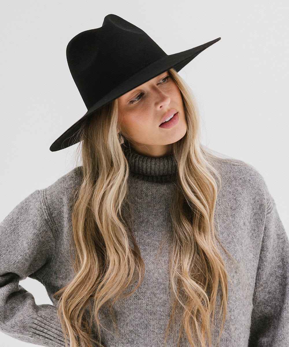 Woman wearing a black wide brim fedora hat and a grey sweater, looking sideways against a plain background #color_black