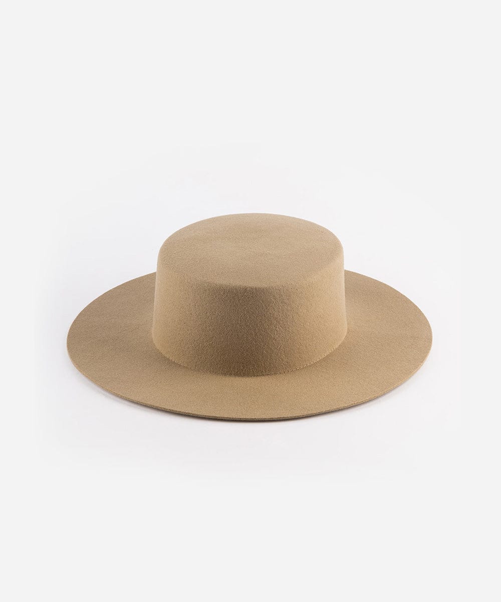 A tan boater-style hat with a stiff flat brim and a round crown. #color_tan