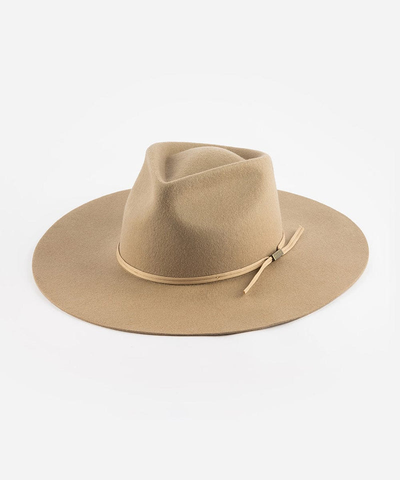 A tan fedora hat with a wide flat brim and a tonal grosgrain ribbon band on a white background #color_tan