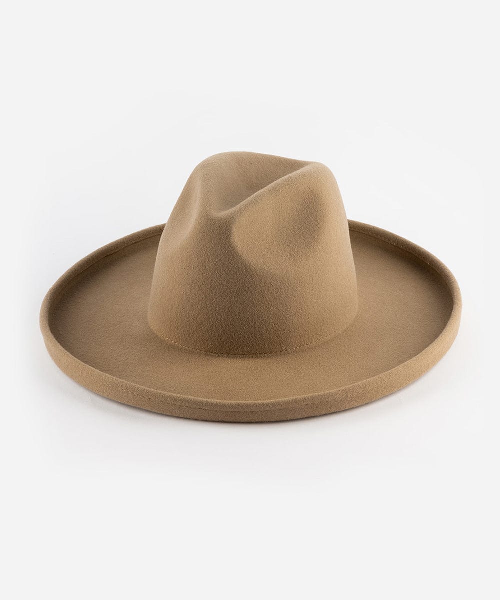 A tan pencil brim felt fedora hat with a flat crown and even brim on a white background #color_tan