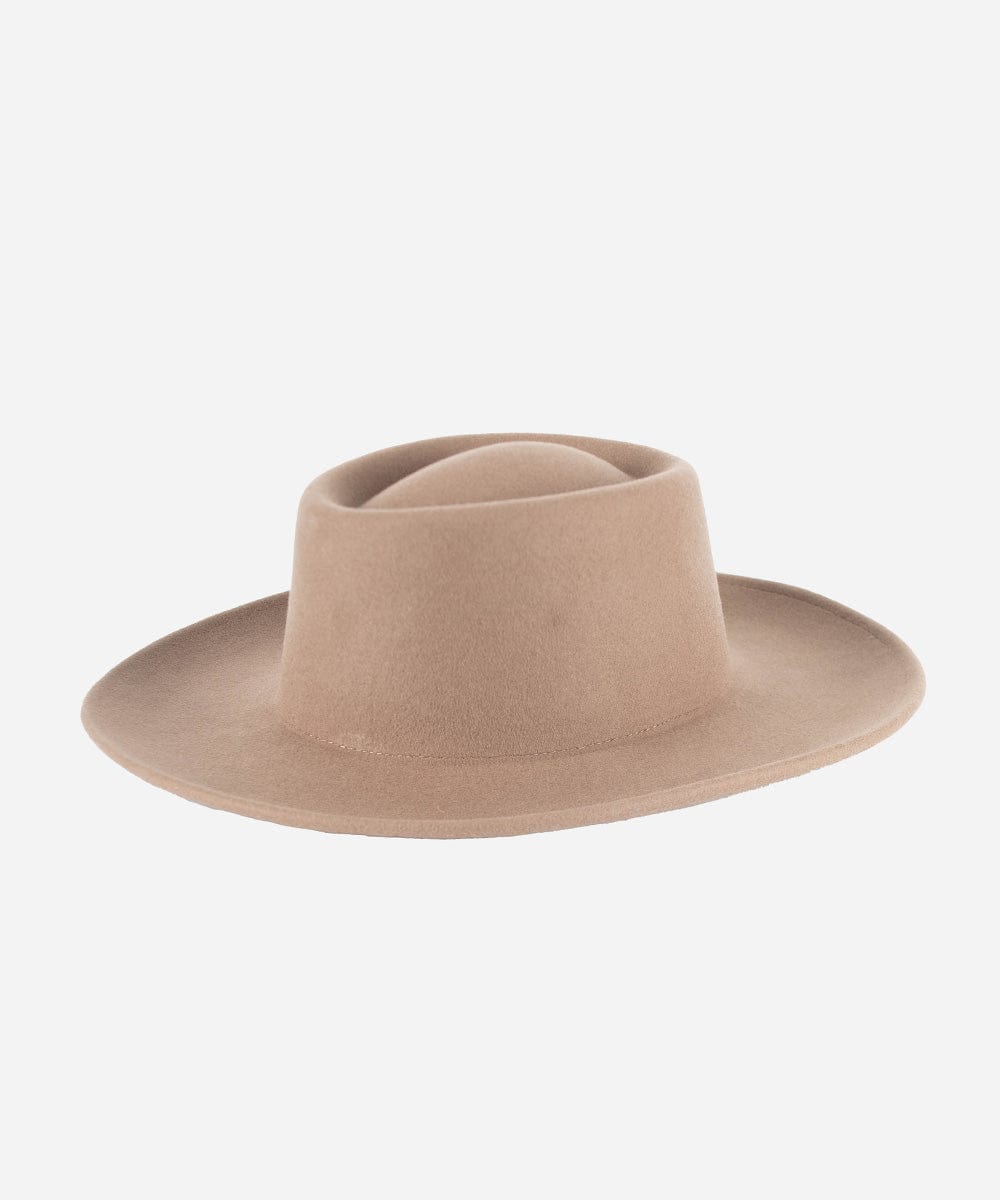 A taupe colored gambler hat with an indented oval crown and an upturned brim against a white background.  #color_taupe