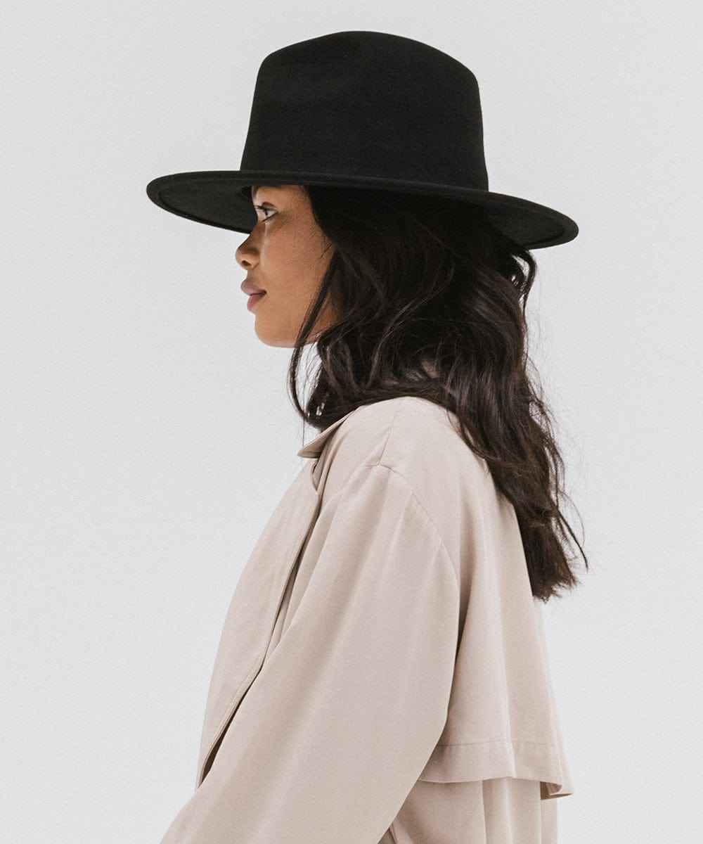 Woman wearing a black fedora hat and a beige coat, facing sideways against a plain background #color_black