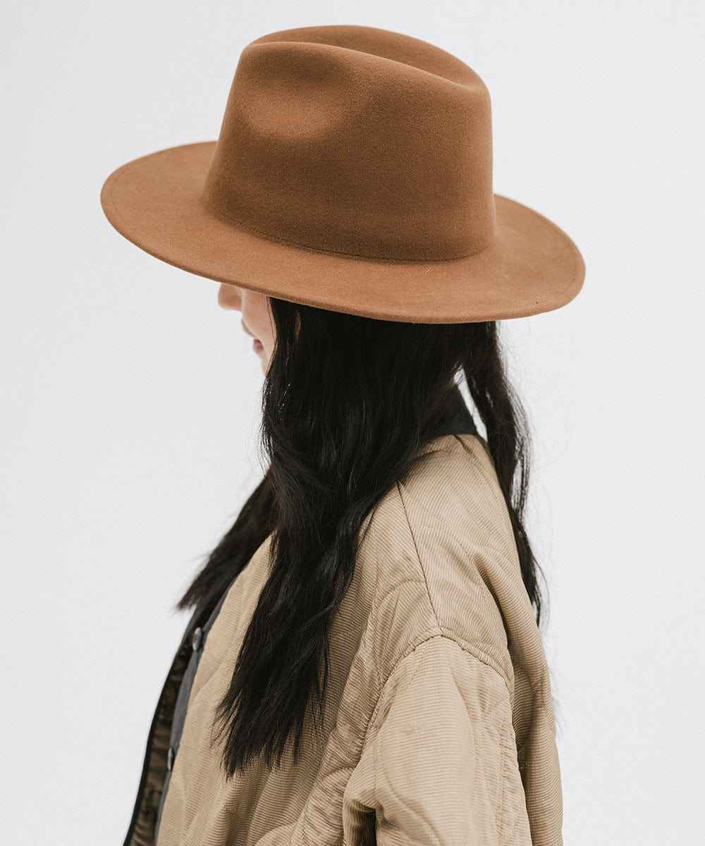 Woman wearing a brown fedora hat and a beige jacket, facing sideways against a plain background #color_brown