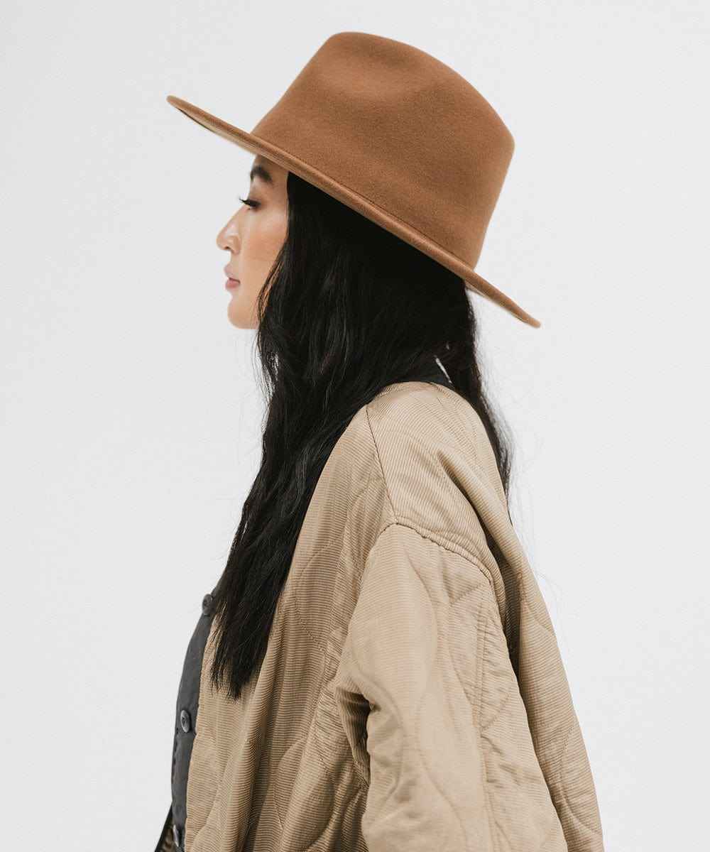 Woman wearing a brown fedora hat and a beige jacket, facing sideways against a plain background #color_brown