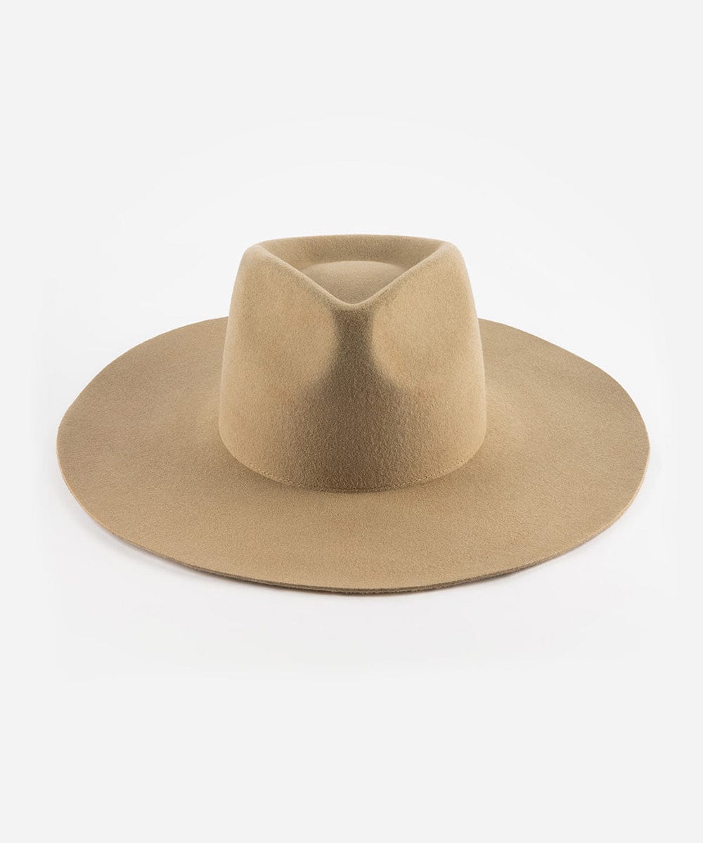 A tan fedora hat made of Australian wool on a plain background. #color_tan