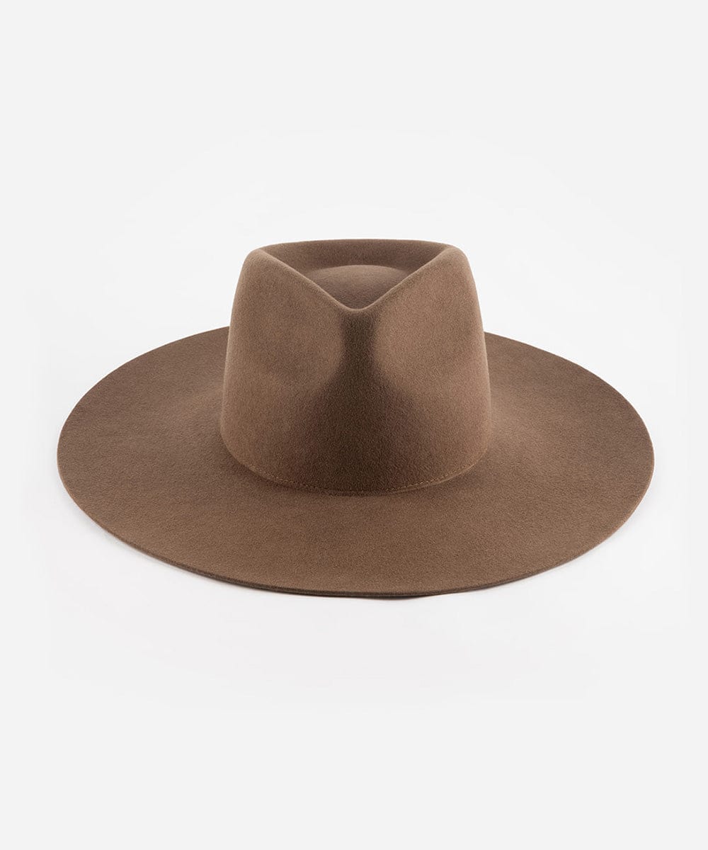 A chocolate colored fedora hat made of Australian wool, displayed on a plain background. #color_chocolate