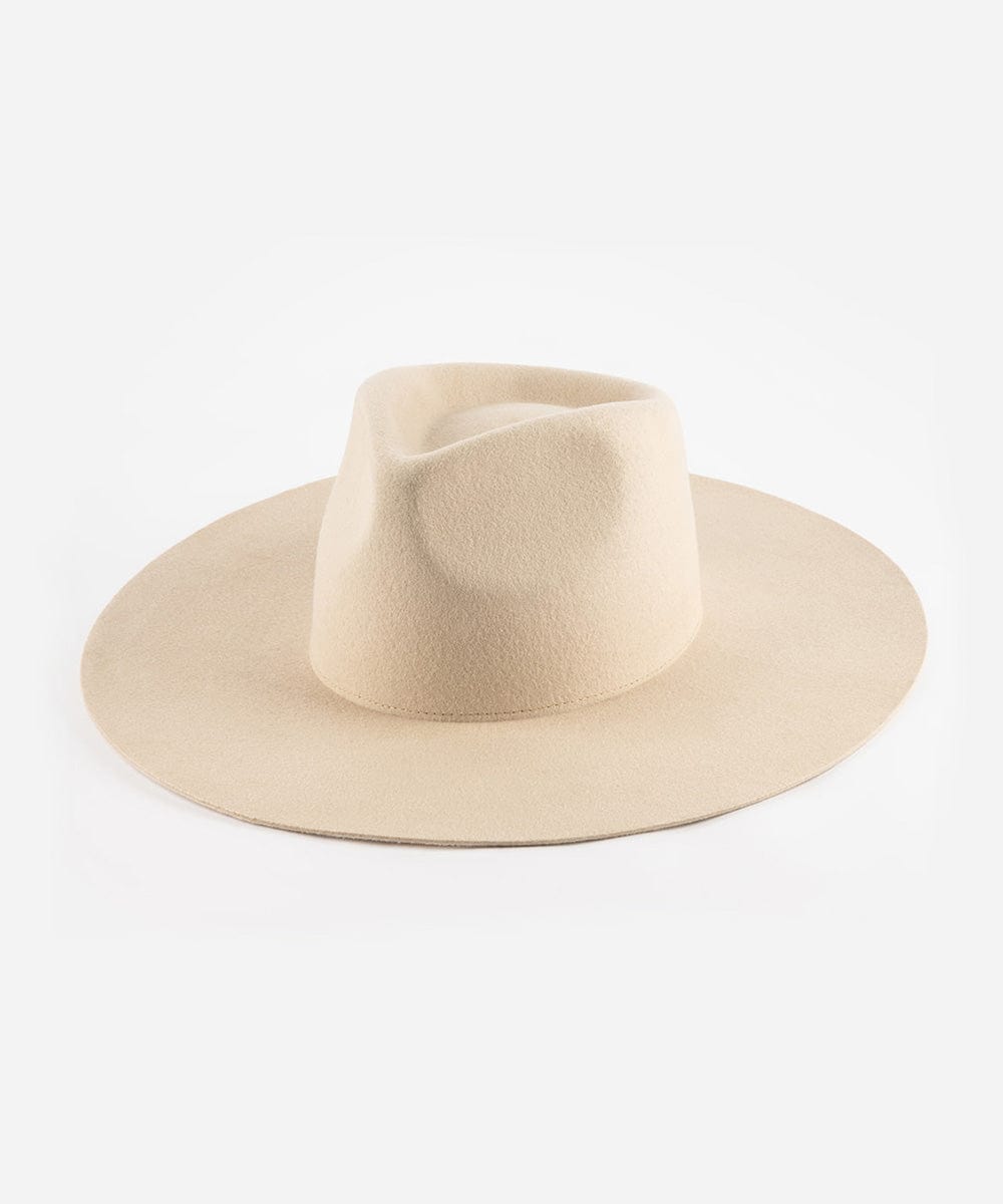 A cream fedora hat made of Australian wool, displayed on a plain background. #color_cream