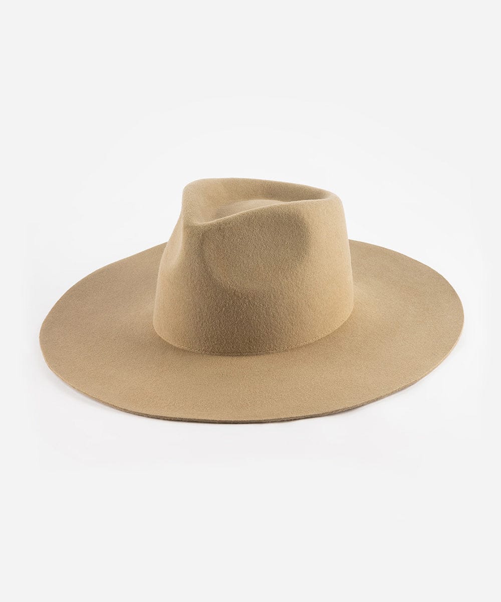 A tan fedora hat made of Australian wool, displayed on a plain background. #color_tan