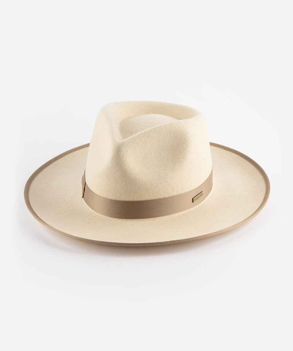 White and taupe colored fedora hat with a taupe band on a white background #color_white-taupe