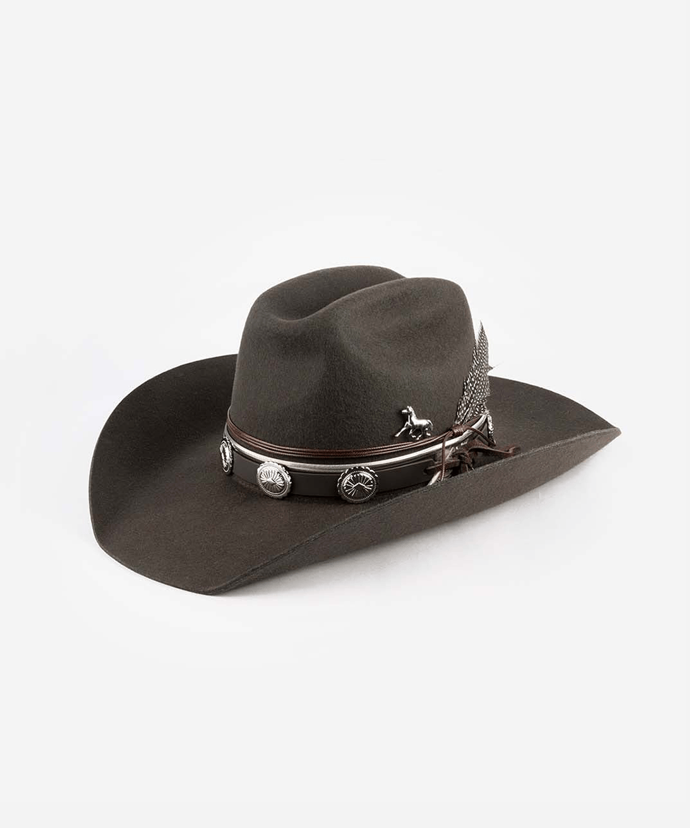 Brown cowboy hat with decorative band on a white background #color_dark brown
