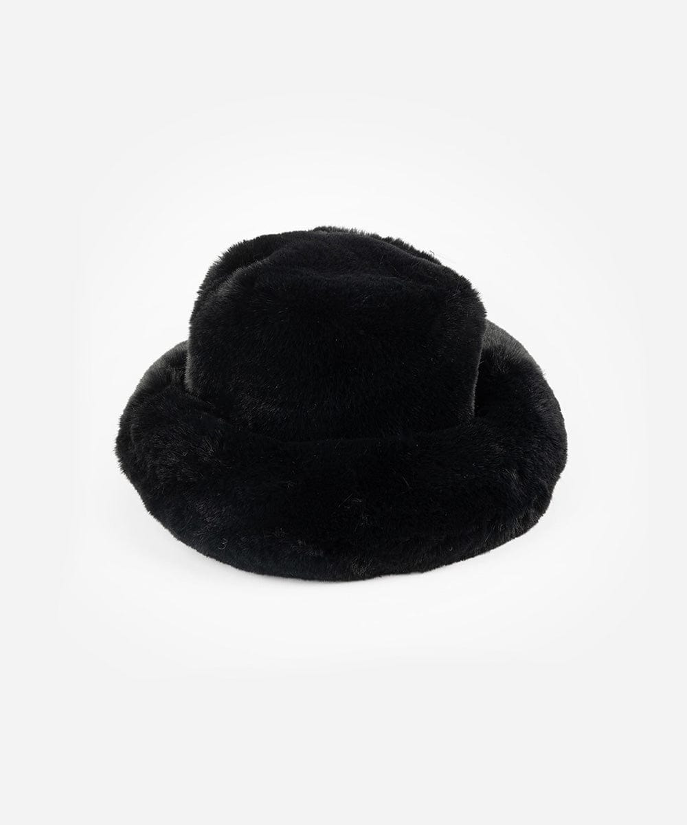 A black faux fur bucket hat with an oversized fit, displayed against a white background. #color_black
