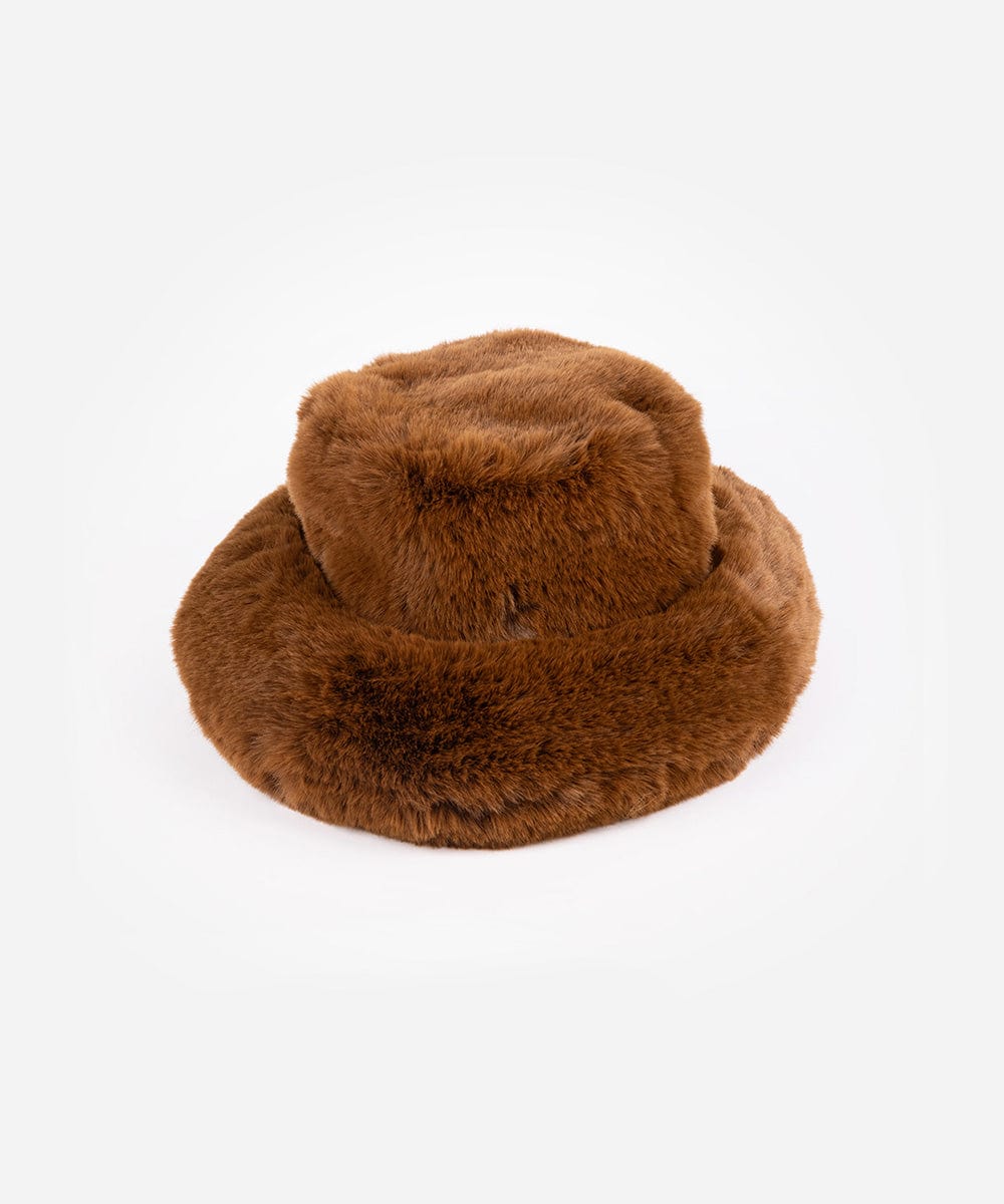 A brown faux fur bucket hat with an oversized fit, displayed against a white background. #color_brown