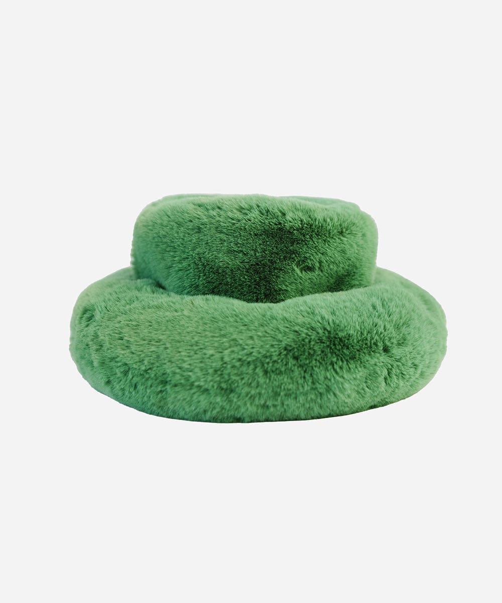 A green faux fur bucket hat with an oversized fit, displayed against a white background. #color_evergreen