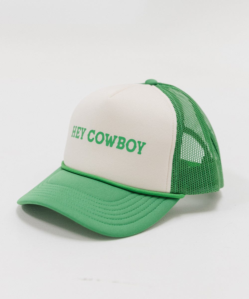 A cream and vintage green cap with 'Hey Cowboy' text on a white background #color_cream - vintage green