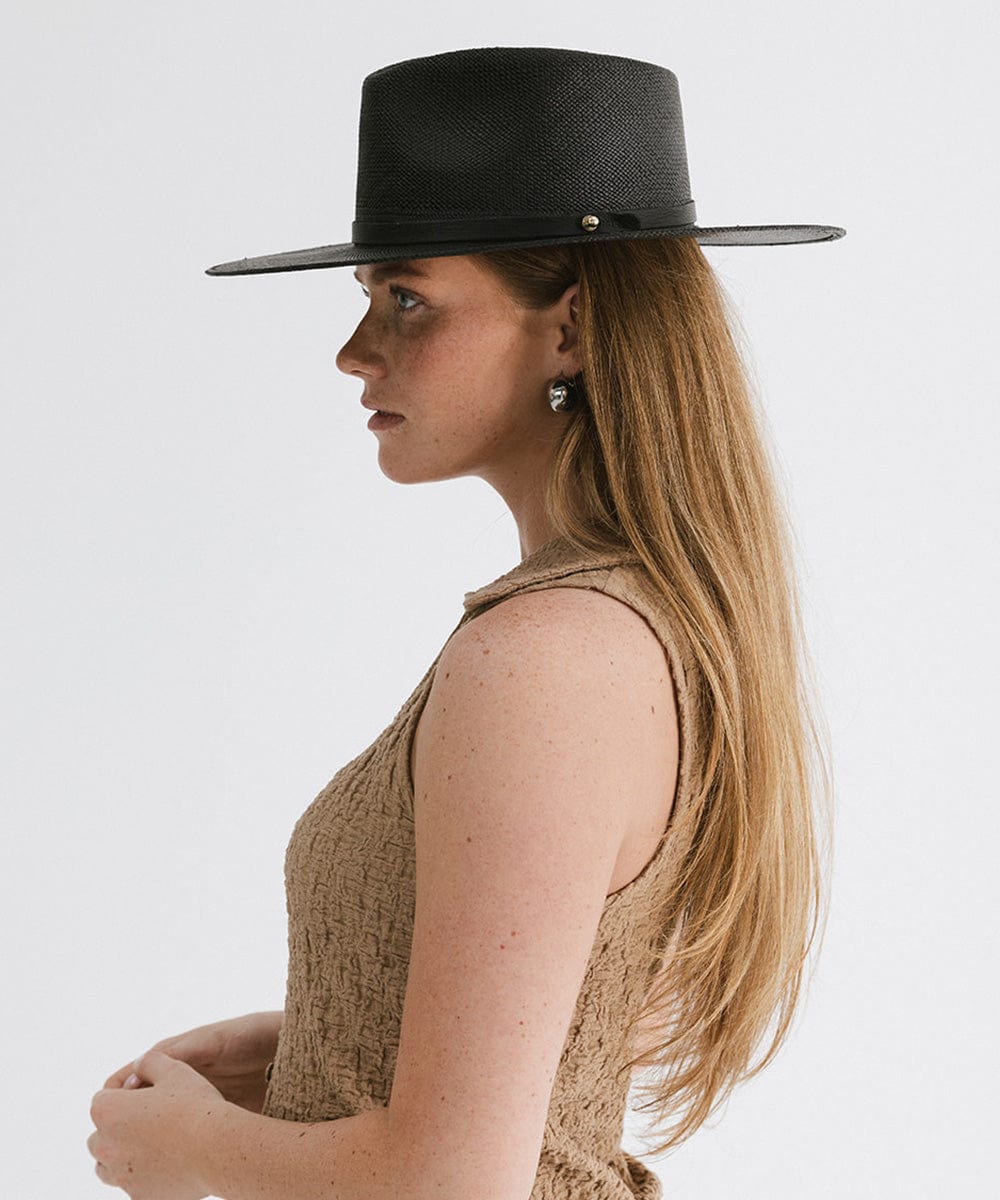 Woman wearing a black straw hat with a hat band and a beige top, facing sideways against a plain background #color_black