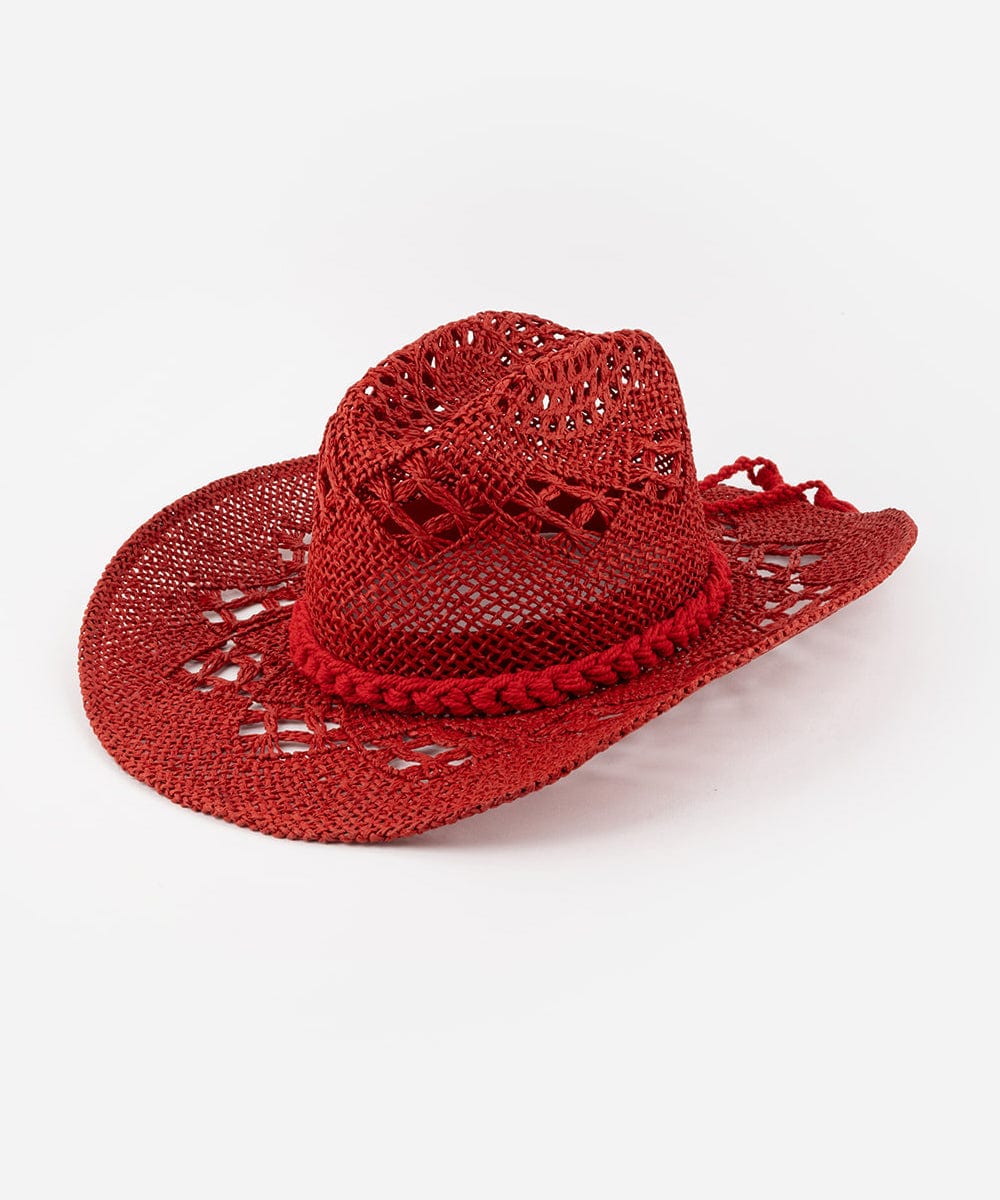 A cherry red colored paper rope straw cowboy hat with a classic cattleman crown and a wide brim featuring large venting details for airflow. #color_cherry red
