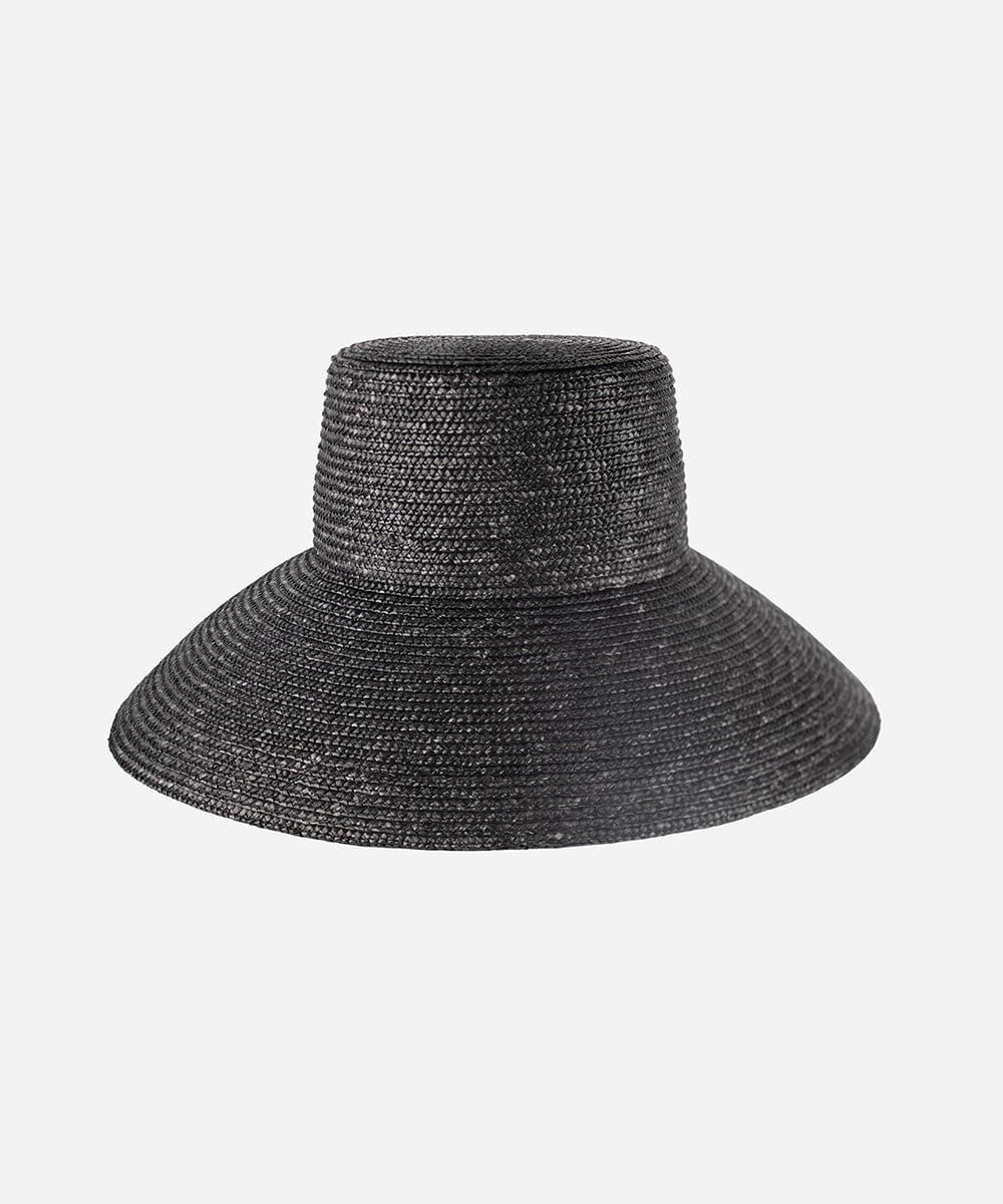A black straw boater hat with a wide brim against a plain background #color_black