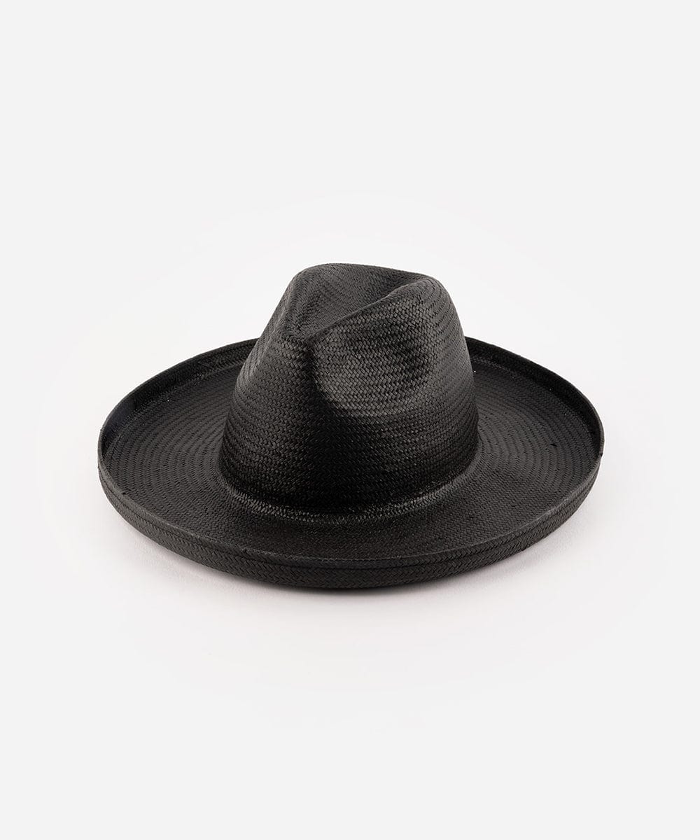A black pencil brim fedora hat made of paper straw, displayed against a white background. #color_black