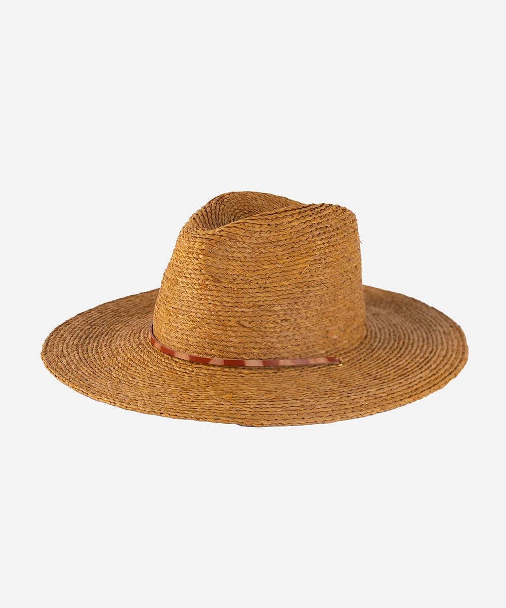 A honey colored straw hat with a wide brim and an adjustable band on a white background #color_honey