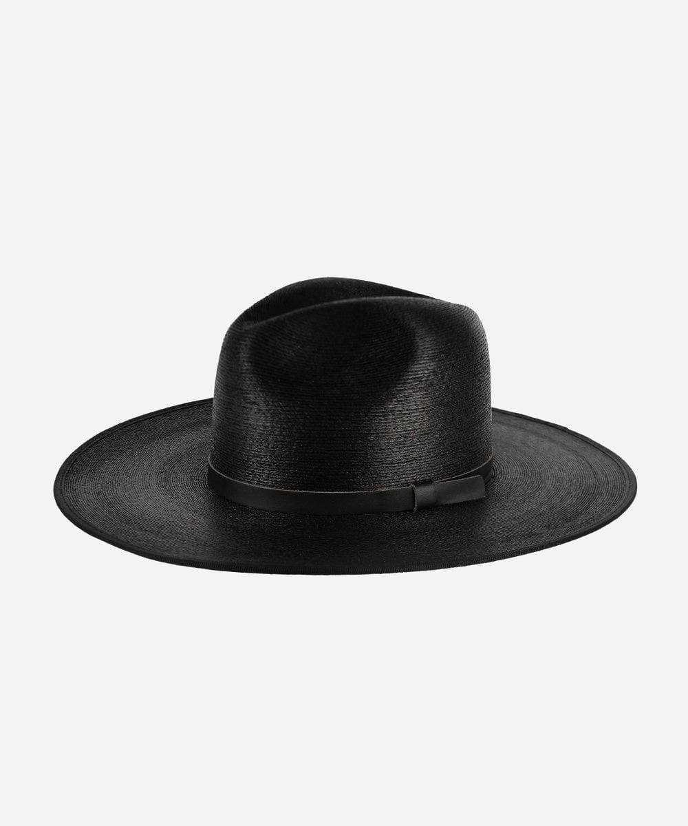 A black Blake Wide Brim Fedora Hat with a flat wide brim and a tonal genuine leather band, displayed against a plain background. #color_limited edition black