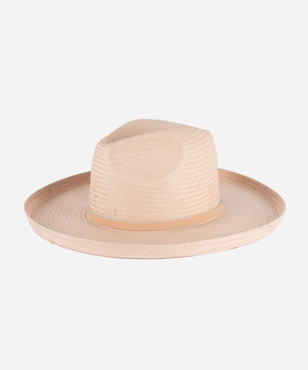 A light pink pencil brim fedora hat made of paper straw, displayed against a white background. #color_limited edition light pink
