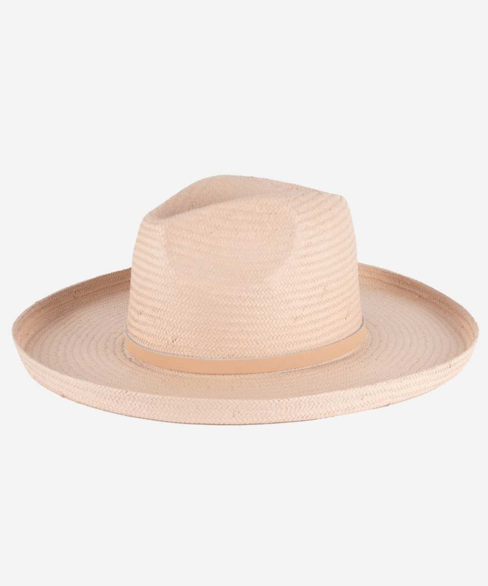 A light pink pencil brim straw fedora hat on a white background #color_limited edition light pink
