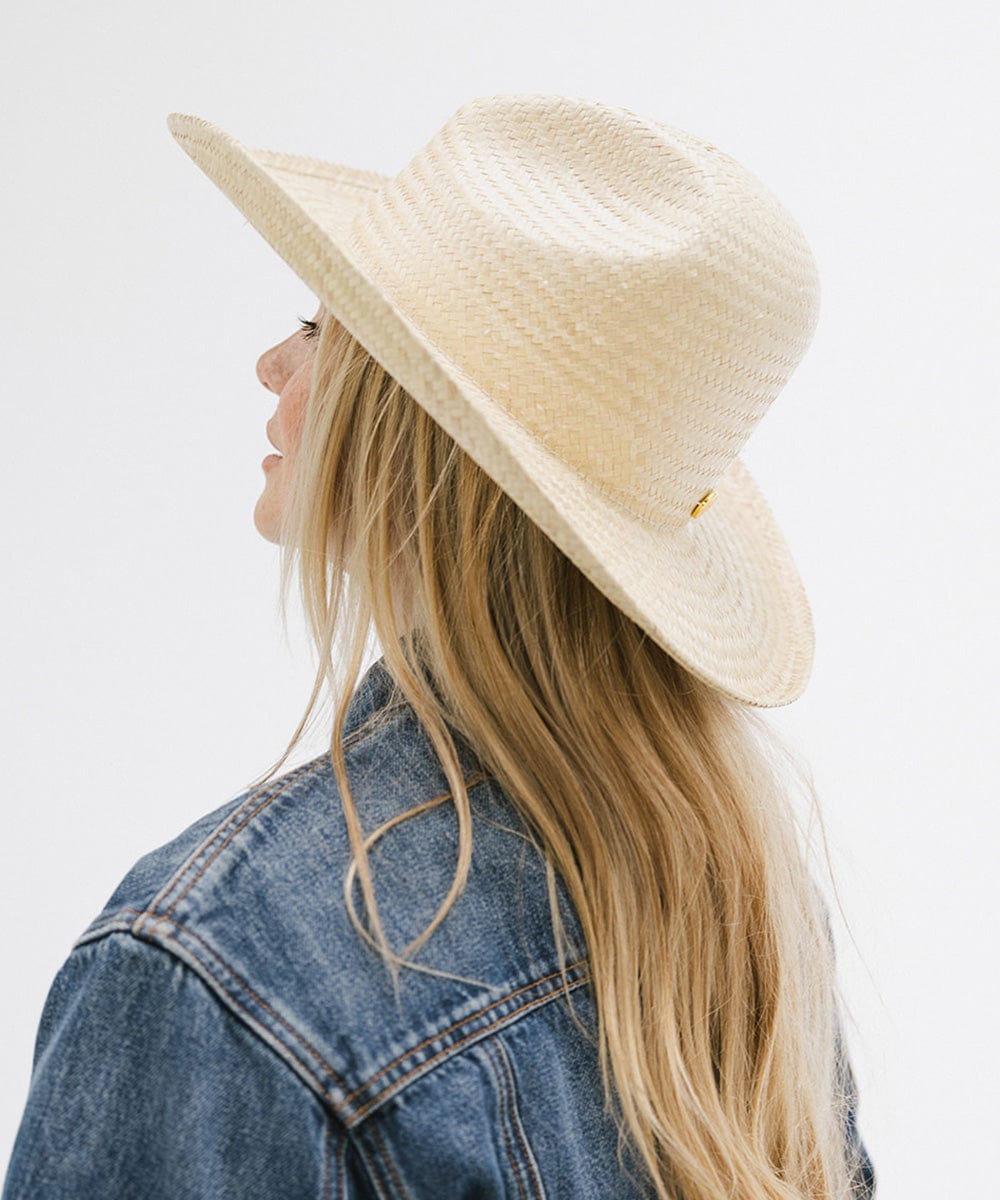 Woman wearing a natural colored straw cowboy hat and a denim shirt, facing sideways against a plain background  #color_natural