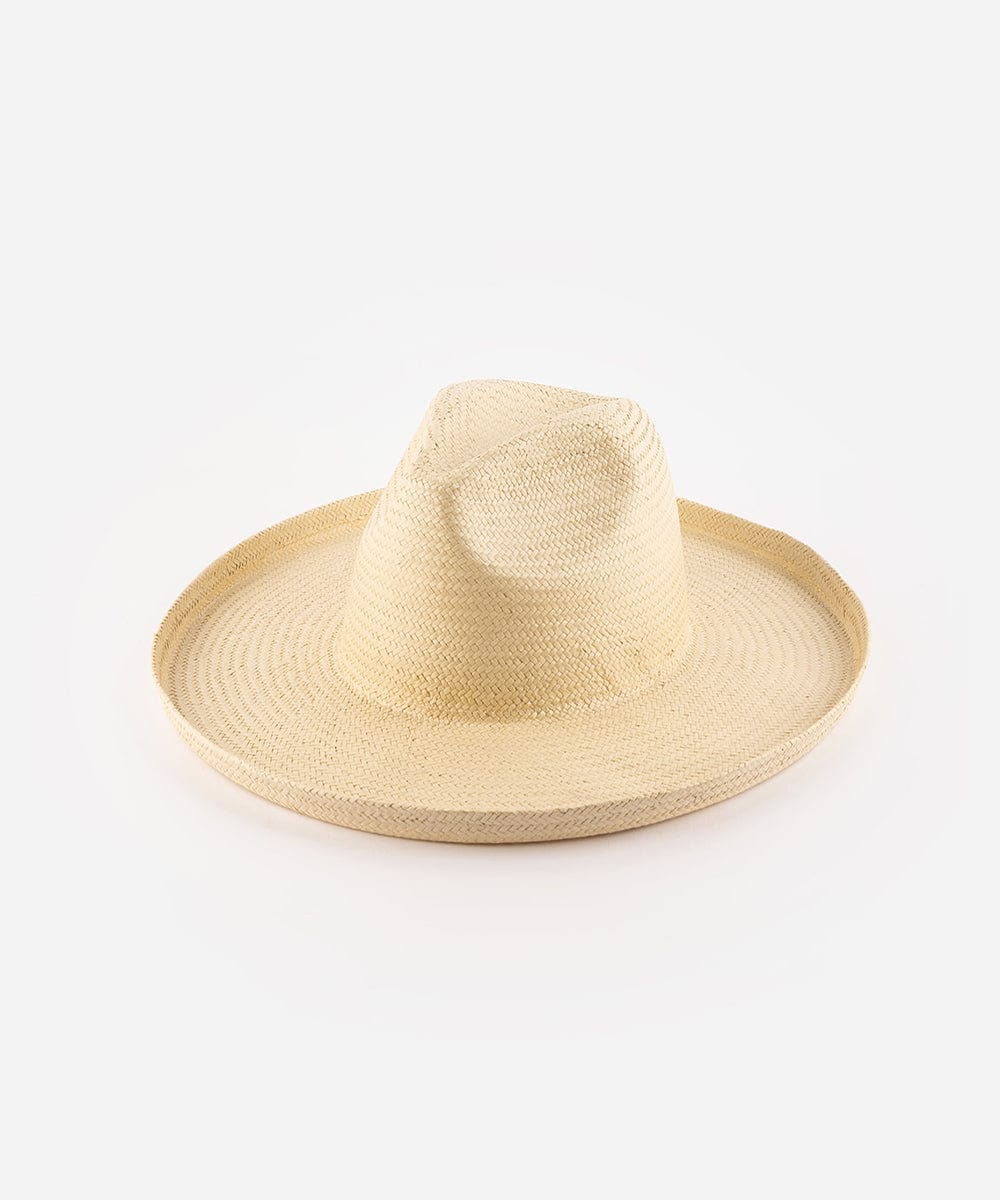 A natural colored pencil brim fedora hat made of paper straw, displayed against a white background. #color_natural