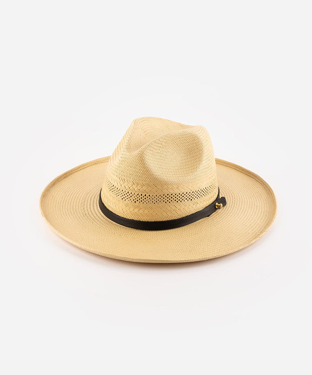 A natural colored straw fedora hat with a hat band on a white background #color_natural