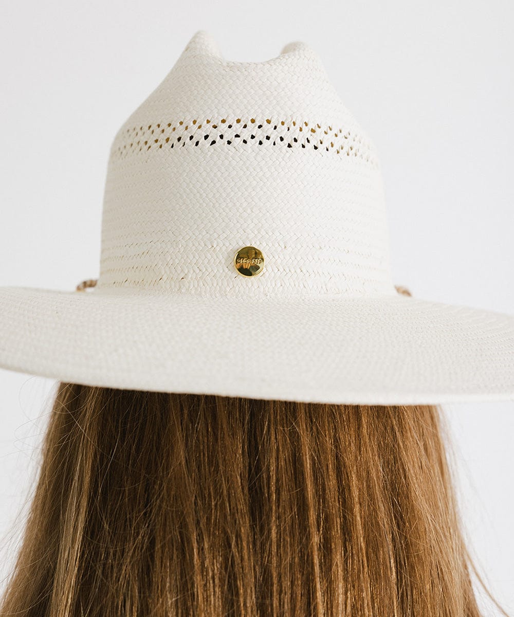 Person wearing a cream straw hat against a plain background #color_cream