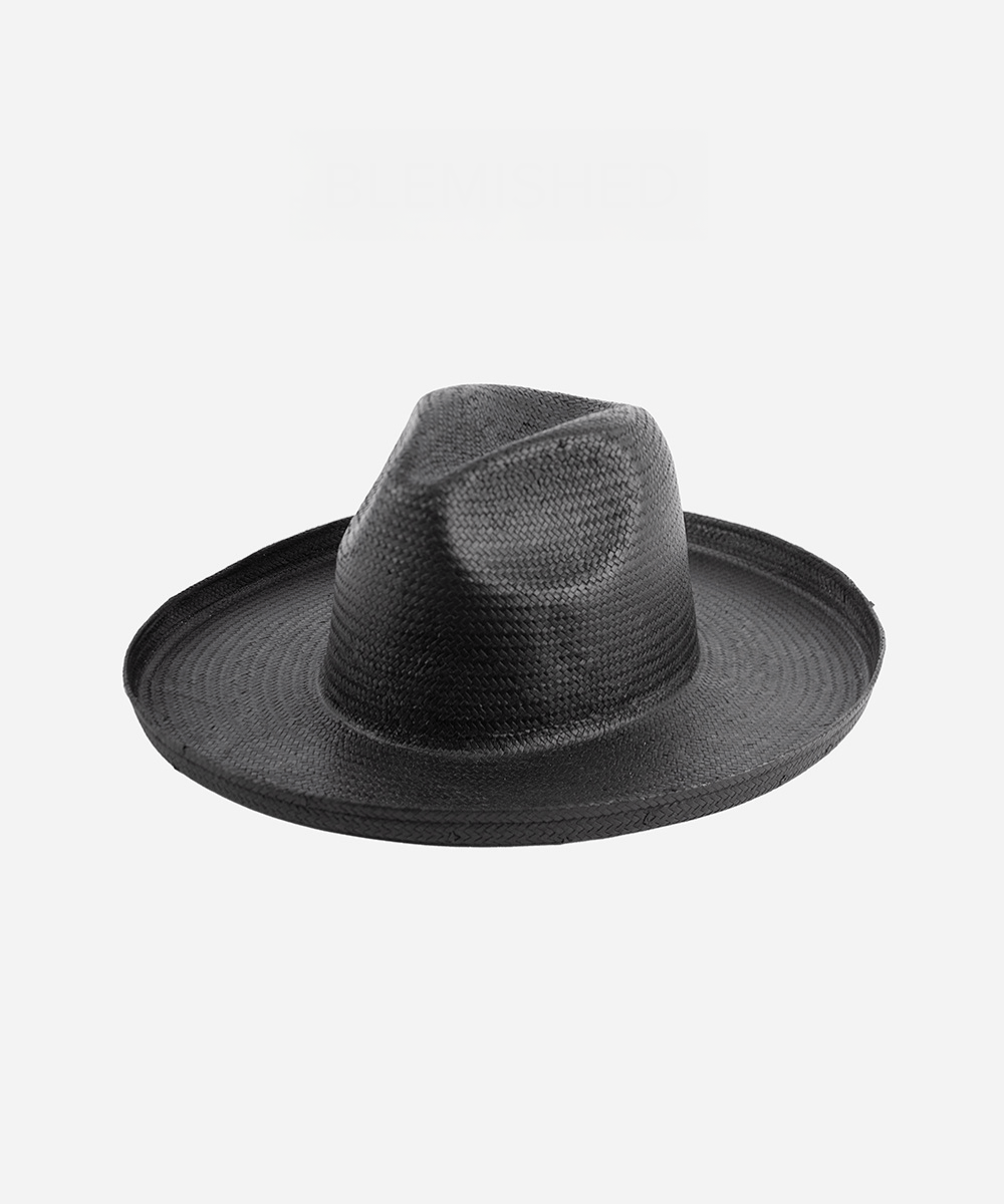 A black pencil brim straw hat on a plain background #color_black