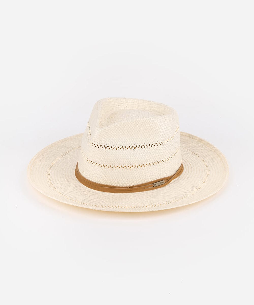 A tan straw fedora hat with a hat band on a white background #color_tan