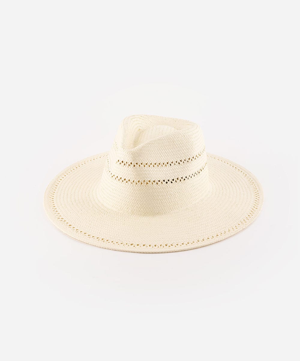 A white Sloan Teardrop Fedora hat made of paper straw, featuring a wide brim and venting details on a plain background #color_white