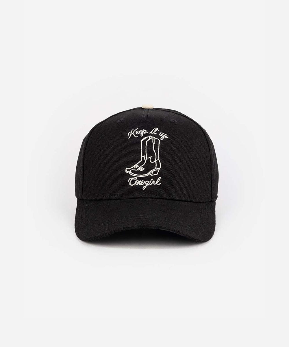 Black cap with white text and boot design on a white background #color_black