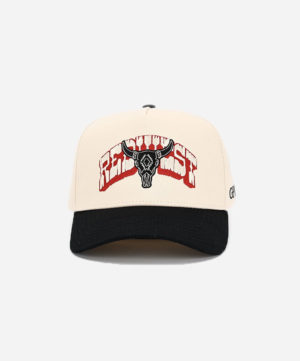 Beige and black cap with red and black design on a white background #color_cream - black