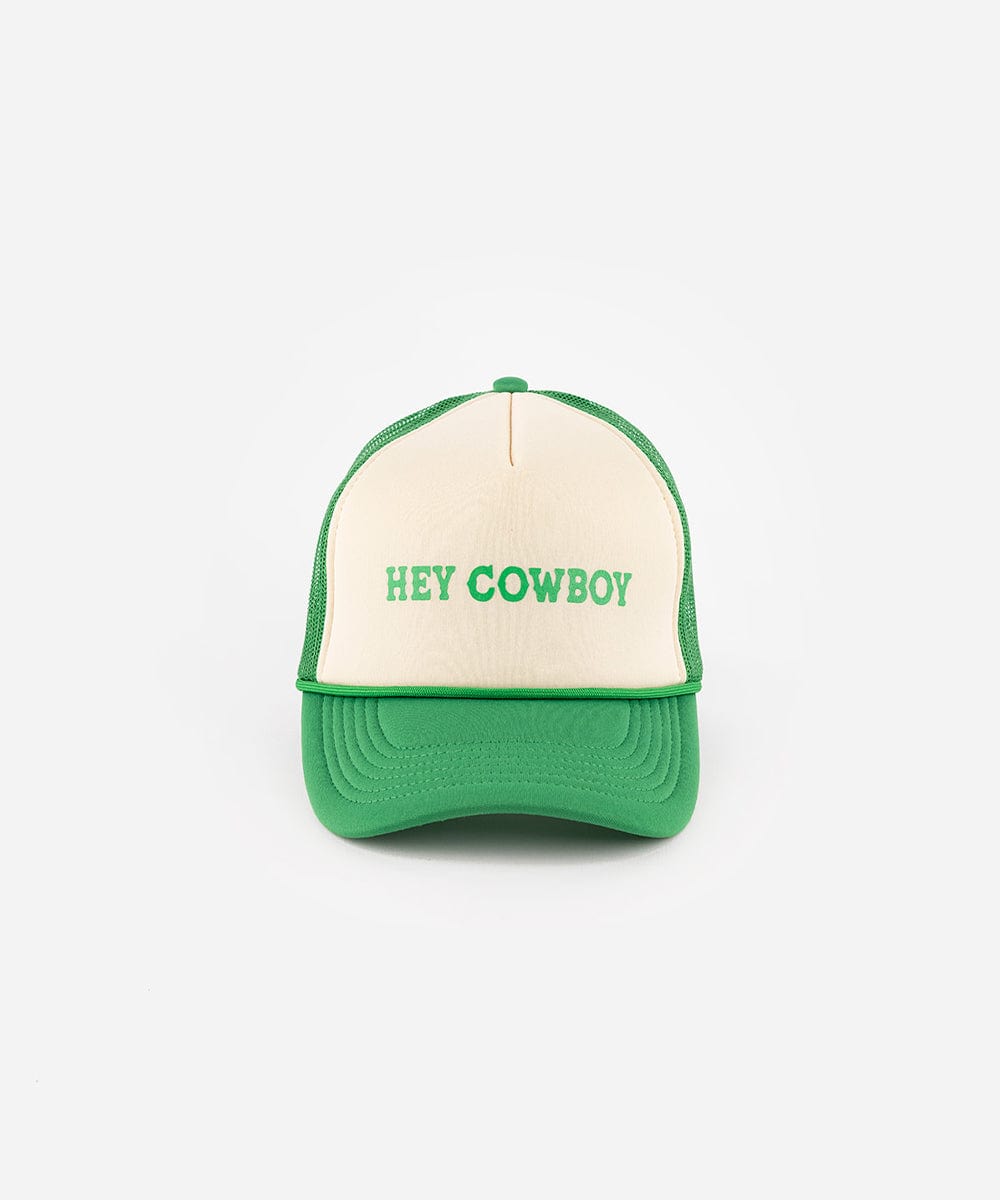 A cream and vintage green cap with 'Hey Cowboy' text on a white background #color_cream - vintage green