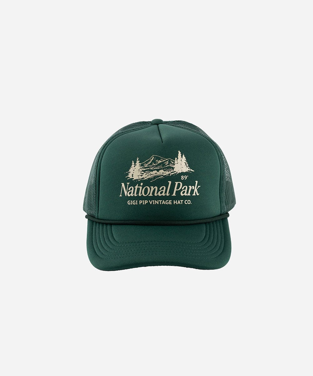 A forest green colored trucker hat with 'National Park' logo on a white background  #color_forest green