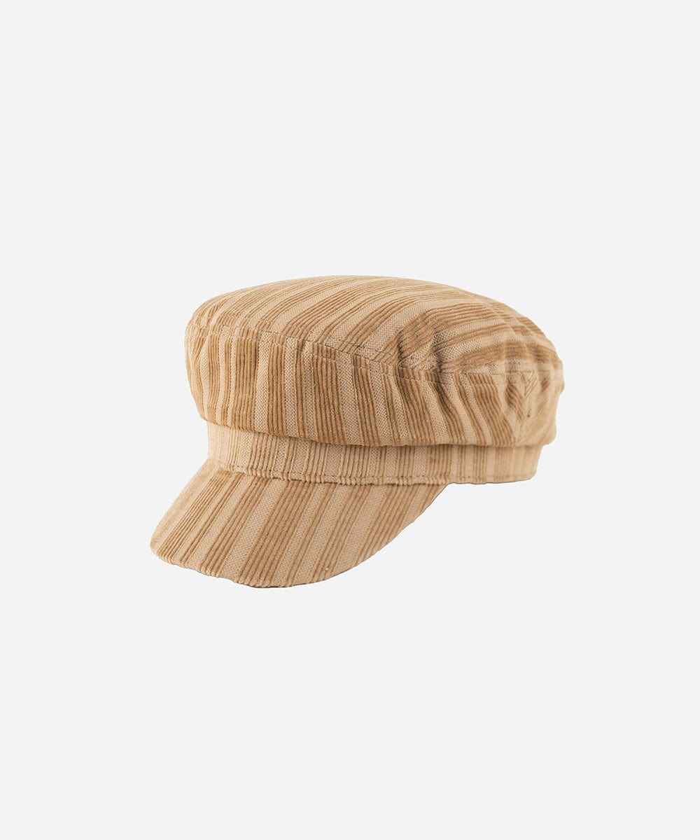 A mustard colored striped cap on a plain background #color_mustard