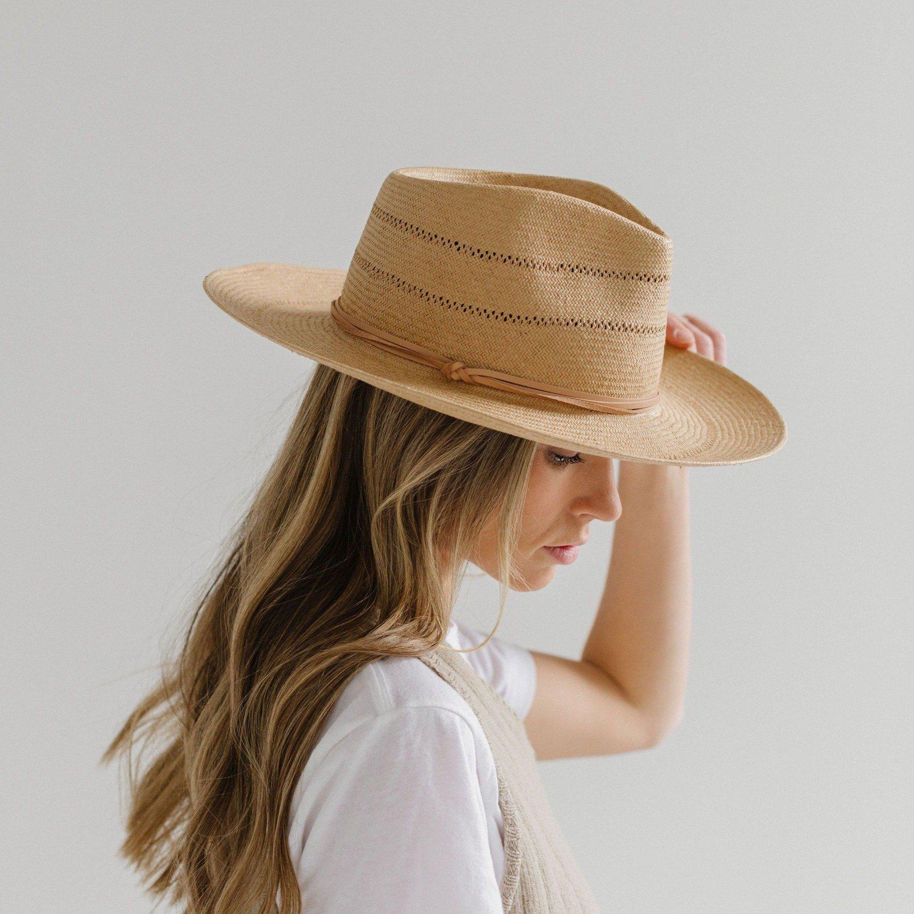 Woman wearing a honey colored fedora straw hat with a hat band and a white t-shirt, facing sideways against a plain background #color_honey