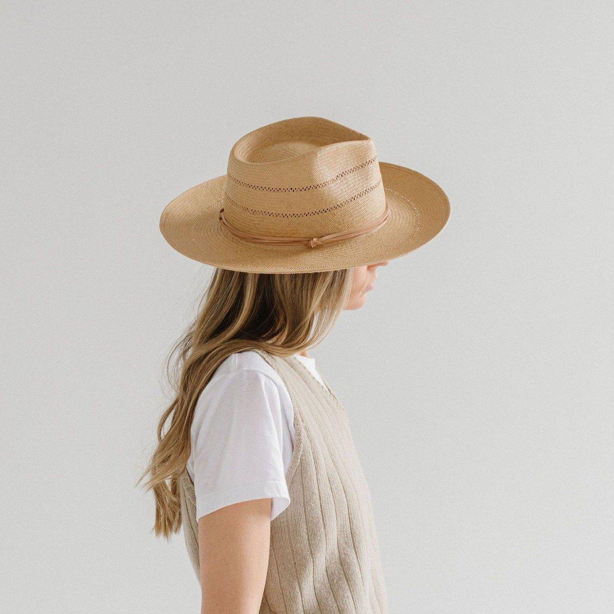 Woman wearing a honey colored fedora straw hat with a hat band and a beige sweater, facing sideways against a plain background #color_honey