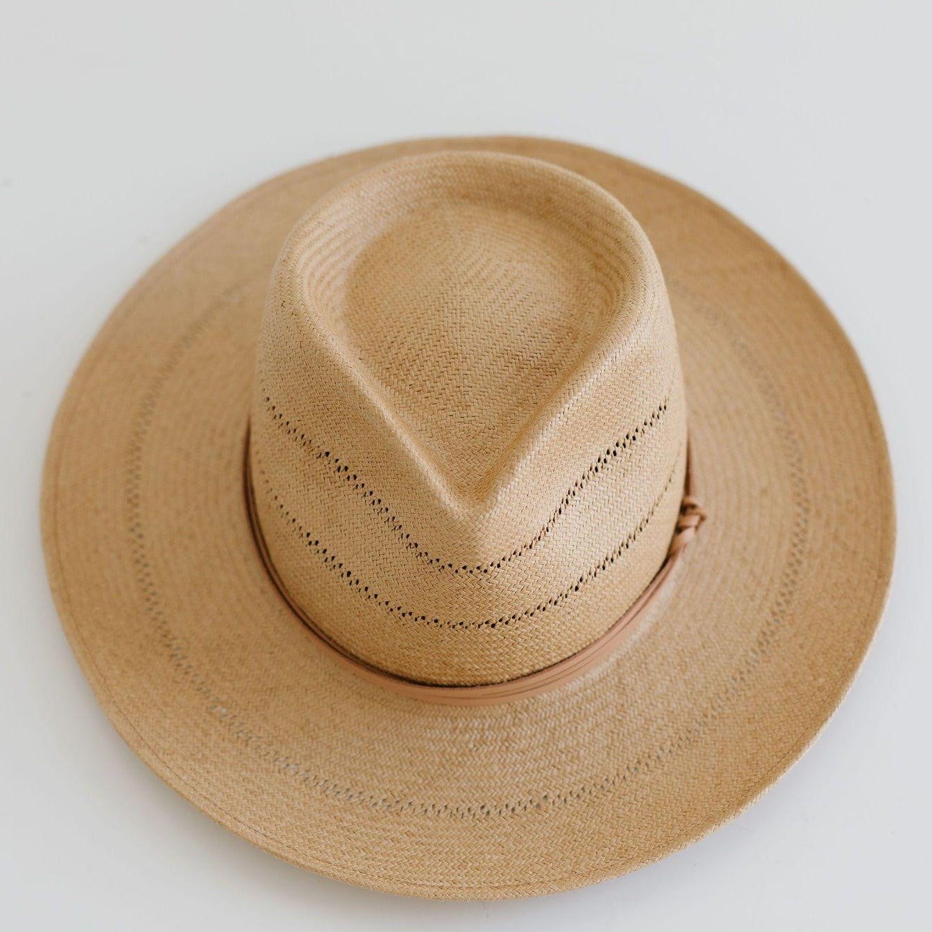 A honey colored fedora straw hat with a hat band on a white background #color_honey